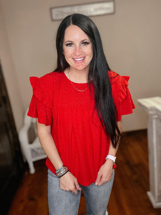 Red Hot Summer Ruffle Sleeve Top-Short Sleeves-Entro-Motis & Co Boutique, Women's Fashion Boutique in Carthage, Missouri