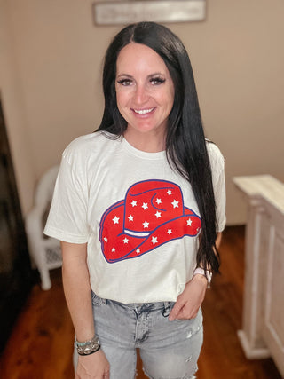 Star Spangle Cowgirl Hat Graphic Tee-Graphic Tees-The Lattimore Claim-Motis & Co Boutique, Women's Fashion Boutique in Carthage, Missouri