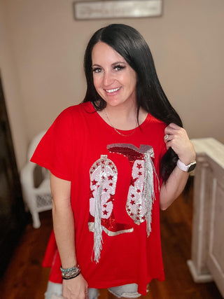 Red Sequin Fringe Cowgirl Oversized Top-Graphic Tees-Blue B-Motis & Co Boutique, Women's Fashion Boutique in Carthage, Missouri