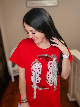 Red Sequin Fringe Cowgirl Oversized Top-Graphic Tees-Blue B-Motis & Co Boutique, Women's Fashion Boutique in Carthage, Missouri