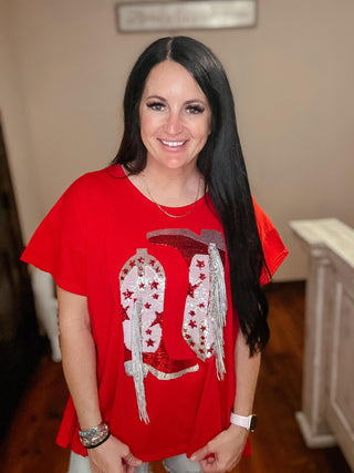 Red Sequin Fringe Cowgirl Oversized Top-Graphic Tees-Blue B-Motis & Co Boutique, Women's Fashion Boutique in Carthage, Missouri