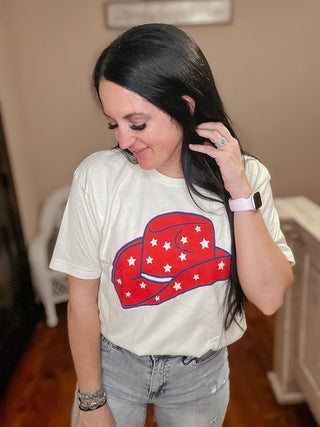 Star Spangle Cowgirl Hat Graphic Tee-Graphic Tees-The Lattimore Claim-Motis & Co Boutique, Women's Fashion Boutique in Carthage, Missouri