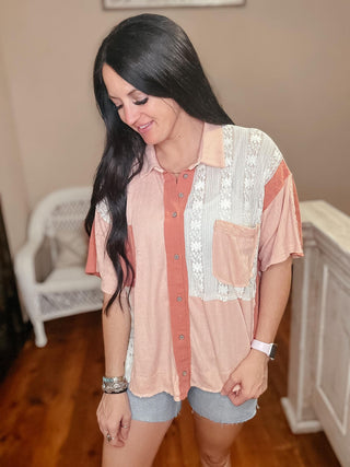 Mia Oversize Lace Detail Button Down Top-Short Sleeves-POL-Motis & Co Boutique, Women's Fashion Boutique in Carthage, Missouri