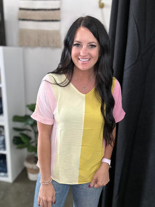 April Crinkled Color Block V Neck Top-Short Sleeves-Motis & CO-Motis & Co Boutique, Women's Fashion Boutique in Carthage, Missouri