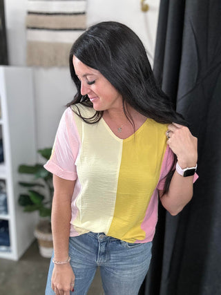 April Crinkled Color Block V Neck Top-Short Sleeves-Motis & CO-Motis & Co Boutique, Women's Fashion Boutique in Carthage, Missouri