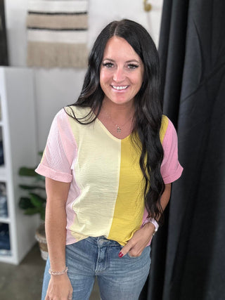 April Crinkled Color Block V Neck Top-Short Sleeves-Motis & CO-Motis & Co Boutique, Women's Fashion Boutique in Carthage, Missouri