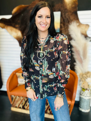 Beth Black Western Chiffon Blouse-Long Sleeves-Turquoise Haven-Motis & Co Boutique, Women's Fashion Boutique in Carthage, Missouri