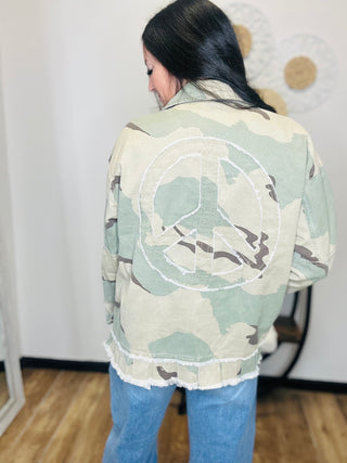 Carley Camo Peach Patch Ruffle Jacket-Jackets-Blue Velvet-Motis & Co Boutique, Women's Fashion Boutique in Carthage, Missouri