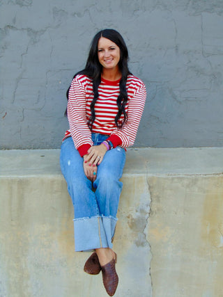 Kandy Red Balloon Sleeve Striped Top-Long Sleeves-Jodifl-Motis & Co Boutique, Women's Fashion Boutique in Carthage, Missouri