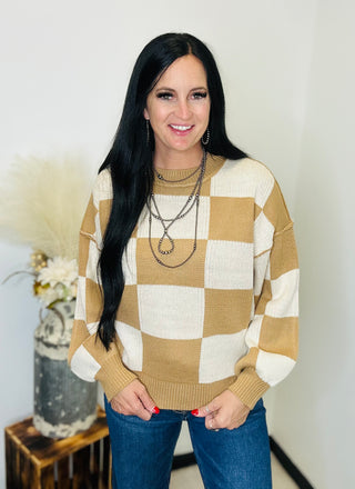 Crew Neck Checkered Knit Sweater Camel - Salena-Sweaters-HYFVE-Motis & Co Boutique, Women's Fashion Boutique in Carthage, Missouri