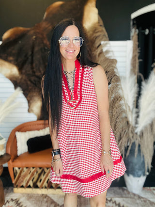 Gina Red Gingham Sleeveless Dress-Dresses-Entro-Motis & Co Boutique, Women's Fashion Boutique in Carthage, Missouri