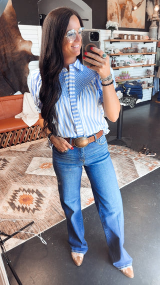 Tessa Striped Puff Sleeve Blouse-Short Sleeves-Entro-Motis & Co Boutique, Women's Fashion Boutique in Carthage, Missouri