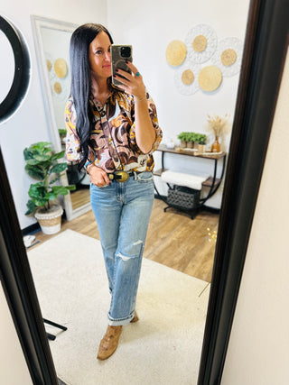 Ariel Brown Mixed Print Blouse-Long Sleeves-GiGiO-Motis & Co Boutique, Women's Fashion Boutique in Carthage, Missouri