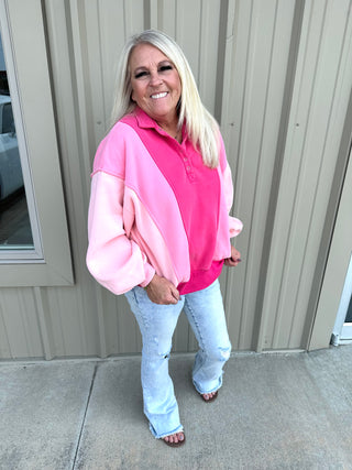 Lulu Pink Snap Button Collared Sweatshirt-Pullovers-Papermoon-Motis & Co Boutique, Women's Fashion Boutique in Carthage, Missouri