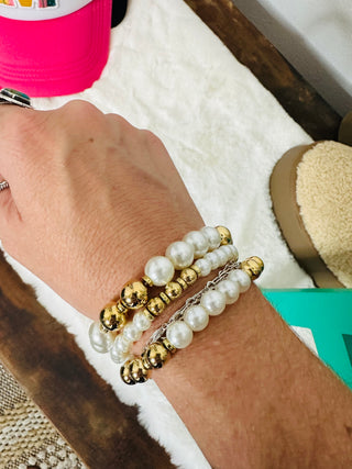 White 3pcs Pearl Plated Beaded Bracelet Set-Bracelets-Motis & CO-Motis & Co Boutique, Women's Fashion Boutique in Carthage, Missouri