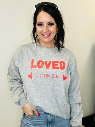 Loved John 3:16 Grey Pullover-Pullovers-Motis & CO-Motis & Co Boutique, Women's Fashion Boutique in Carthage, Missouri