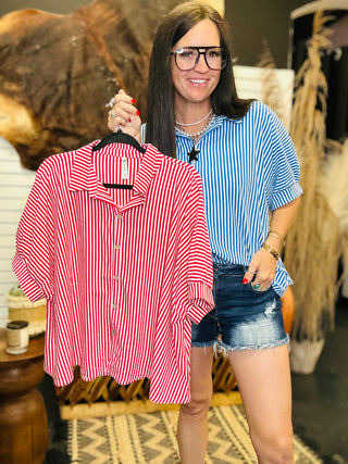 Tess Striped Oversized Blouse - Blue-Short Sleeves-Zenana-Motis & Co Boutique, Women's Fashion Boutique in Carthage, Missouri