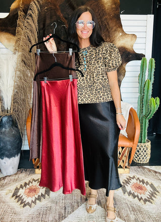 Miles Midi Satin Skirt-Dresses-HYFVE-Motis & Co Boutique, Women's Fashion Boutique in Carthage, Missouri