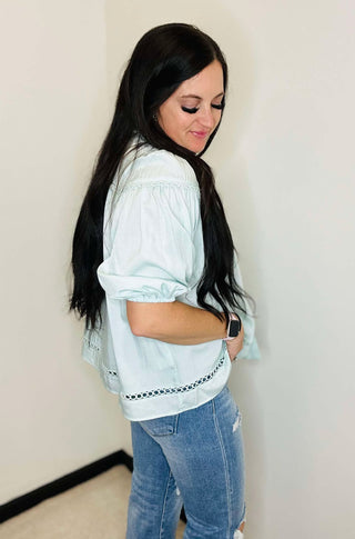 Tosha Blue Baby Doll Button Down Blouse-Short Sleeves-GiGiO-Motis & Co Boutique, Women's Fashion Boutique in Carthage, Missouri