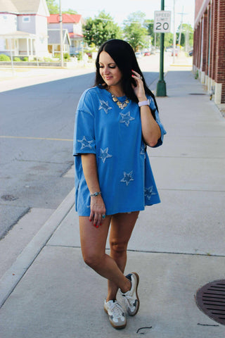 Demi Denim Star Appliqued Top-Short Sleeves-Fantastic Fawn-Motis & Co Boutique, Women's Fashion Boutique in Carthage, Missouri