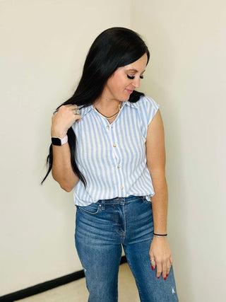 Sarah Striped Button Down Blouse Blue-Short Sleeves-blu pepper-Motis & Co Boutique, Women's Fashion Boutique in Carthage, Missouri