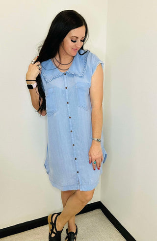 Delaney Deim Peter Pan Collar Shirt Dress | Motis and Co Boutique Motis & CO Delaney Deim Peter Pan Collar Shirt Dress | Motis and Co Boutique Motis & CO