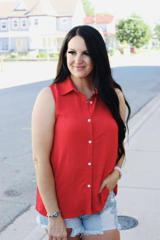 Andree by Unit Sleeveless Button Down Blouse Red-Short Sleeves-Andree by Unit-Motis & Co Boutique, Women's Fashion Boutique in Carthage, Missouri