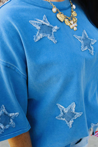 Demi Denim Star Appliqued Top-Short Sleeves-Fantastic Fawn-Motis & Co Boutique, Women's Fashion Boutique in Carthage, Missouri