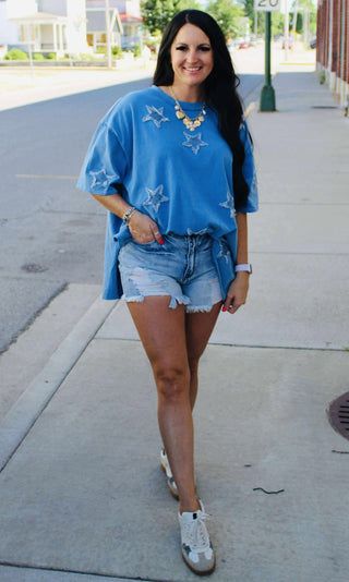 Demi Denim Star Appliqued Top-Short Sleeves-Fantastic Fawn-Motis & Co Boutique, Women's Fashion Boutique in Carthage, Missouri