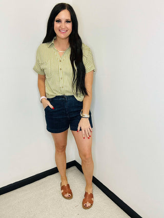 Syd Striped Button Up Olive Blouse-Short Sleeves-blu pepper-Motis & Co Boutique, Women's Fashion Boutique in Carthage, Missouri