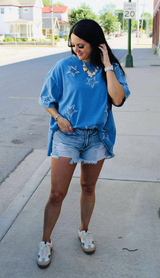 Demi Denim Star Appliqued Top-Short Sleeves-Fantastic Fawn-Motis & Co Boutique, Women's Fashion Boutique in Carthage, Missouri