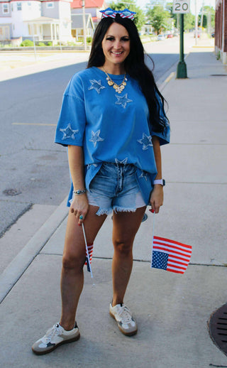 Demi Denim Star Appliqued Top-Short Sleeves-Fantastic Fawn-Motis & Co Boutique, Women's Fashion Boutique in Carthage, Missouri