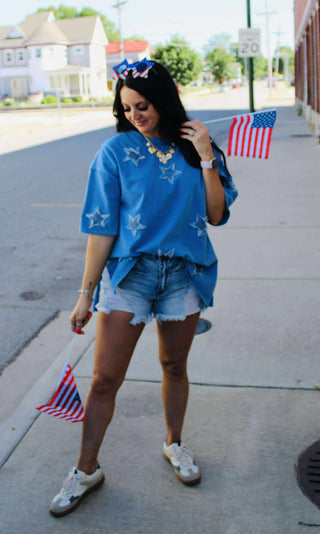 Demi Denim Star Appliqued Top-Short Sleeves-Fantastic Fawn-Motis & Co Boutique, Women's Fashion Boutique in Carthage, Missouri