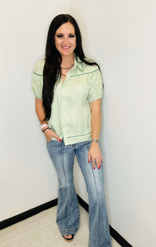 Heidi Sage Button Down Blouse-Short Sleeves-GiGiO-Motis & Co Boutique, Women's Fashion Boutique in Carthage, Missouri