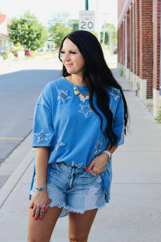 Demi Denim Star Appliqued Top-Short Sleeves-Fantastic Fawn-Motis & Co Boutique, Women's Fashion Boutique in Carthage, Missouri