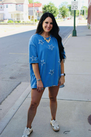 Demi Denim Star Appliqued Top-Short Sleeves-Fantastic Fawn-Motis & Co Boutique, Women's Fashion Boutique in Carthage, Missouri