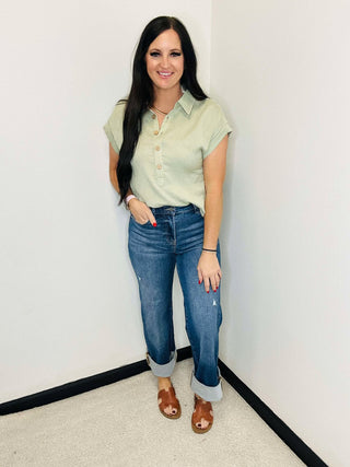 Diana Linen Half Button Blouse Olive-Short Sleeves-blu pepper-Motis & Co Boutique, Women's Fashion Boutique in Carthage, Missouri