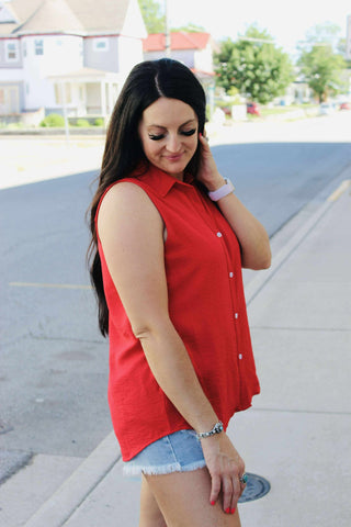 Andree by Unit Sleeveless Button Down Blouse Red-Short Sleeves-Andree by Unit-Motis & Co Boutique, Women's Fashion Boutique in Carthage, Missouri