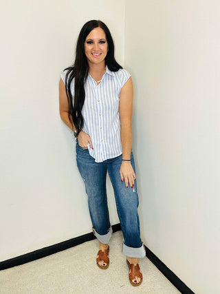 Sarah Striped Button Down Blouse Blue-Short Sleeves-blu pepper-Motis & Co Boutique, Women's Fashion Boutique in Carthage, Missouri