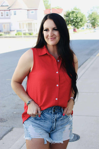 Andree by Unit Sleeveless Button Down Blouse Red-Short Sleeves-Andree by Unit-Motis & Co Boutique, Women's Fashion Boutique in Carthage, Missouri