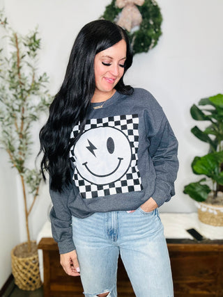 Checkered Smiley Graphic Sweatshirt-Pullovers-P&PD-Motis & Co Boutique, Women's Fashion Boutique in Carthage, Missouri