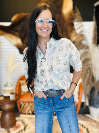 Sadie Western Print Button Front Blouse