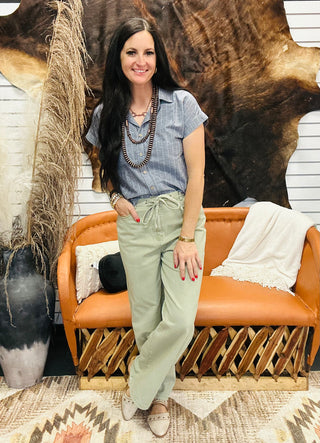 Ezra Olive Denim Drawstring Pants-Pants-blu pepper-Motis & Co Boutique, Women's Fashion Boutique in Carthage, Missouri