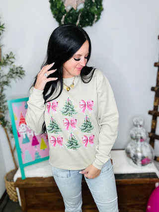 Christmas Tree and Bow Sand Sweatshirt-Pullovers-Motis & CO-Motis & Co Boutique, Women's Fashion Boutique in Carthage, Missouri