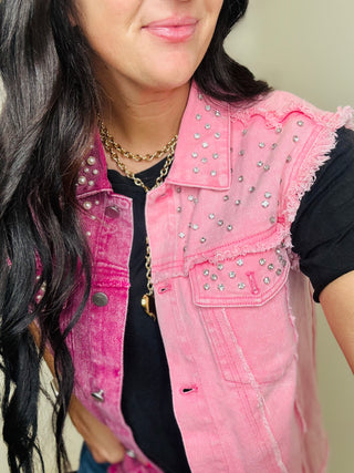 Teva Two Tone Denim Pearl and Crystal Vest-Vests-BiBi-Motis & Co Boutique, Women's Fashion Boutique in Carthage, Missouri