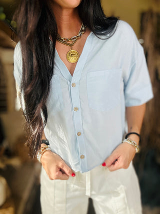 Tay Short Sleeve Blue Button Up Top-Short Sleeves-HYFVE-Motis & Co Boutique, Women's Fashion Boutique in Carthage, Missouri