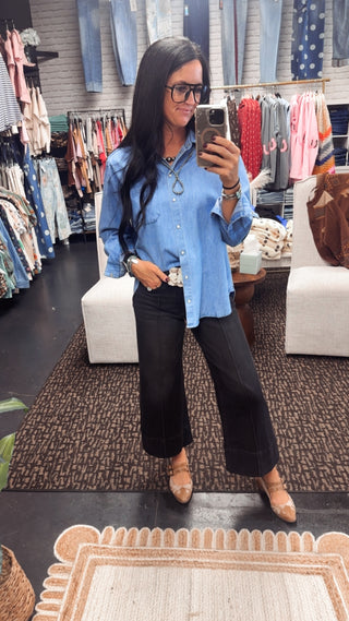 Daisy Denim Pearl Snap Blouse-Long Sleeves-Star Drop-Motis & Co Boutique, Women's Fashion Boutique in Carthage, Missouri