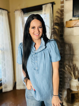 Dove Chambray Denim Ruffle Top-Short Sleeves-EASEL-Motis & Co Boutique, Women's Fashion Boutique in Carthage, Missouri