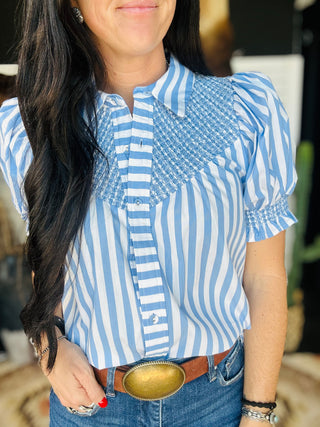 Tessa Striped Puff Sleeve Blouse-Short Sleeves-Entro-Motis & Co Boutique, Women's Fashion Boutique in Carthage, Missouri