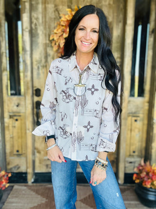 Fast Hand Western Print Button Up Blouse